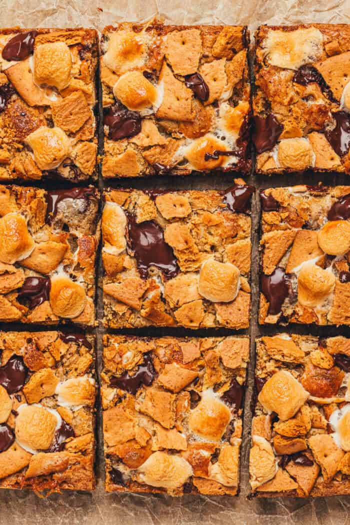 Blondie bars with S'mores toppings sliced into squares.