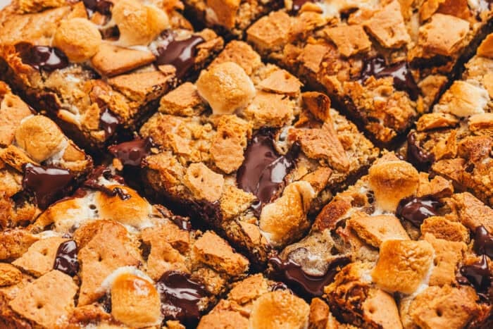 Blondie bars with S'mores toppings sliced into squares.