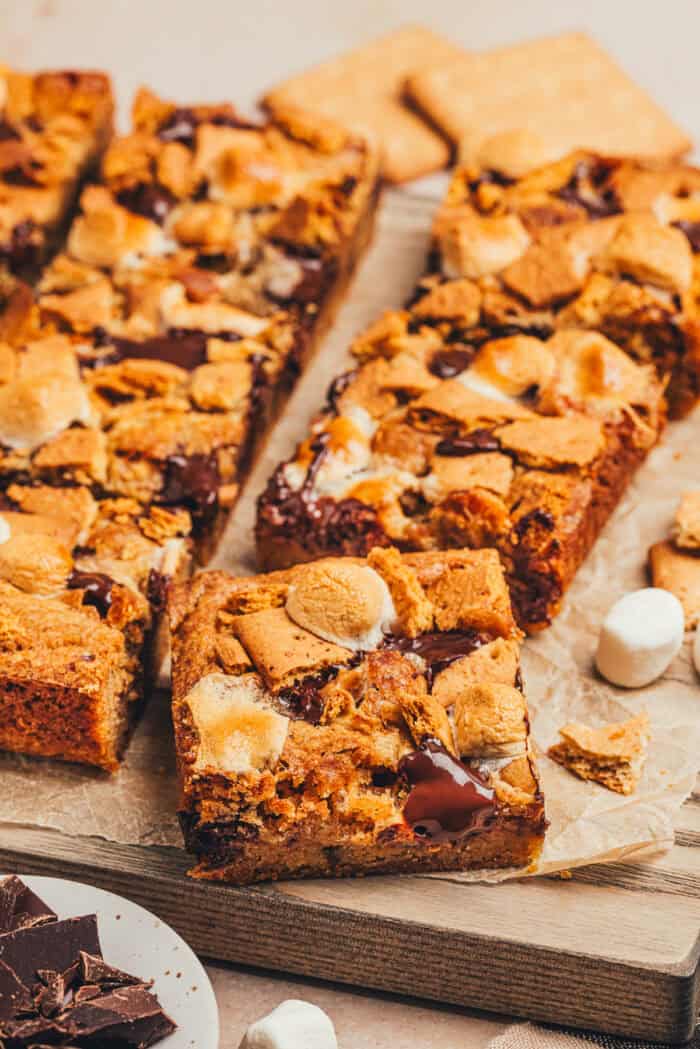 Blondie bars with S'mores toppings sliced into squares.