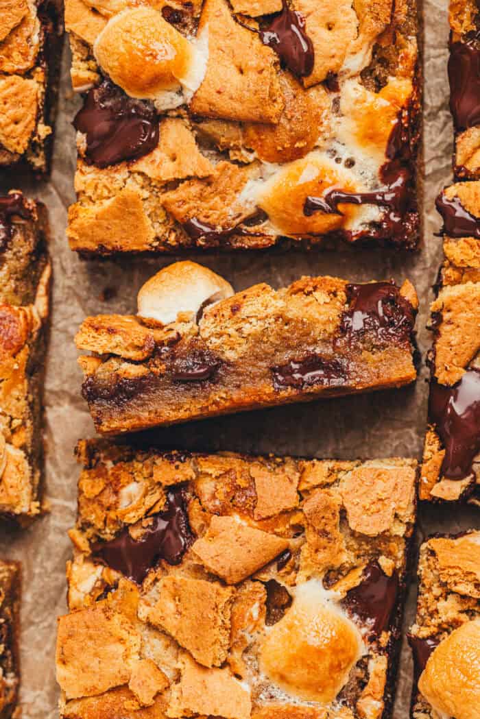 Blondie bars with S'mores toppings sliced into squares.