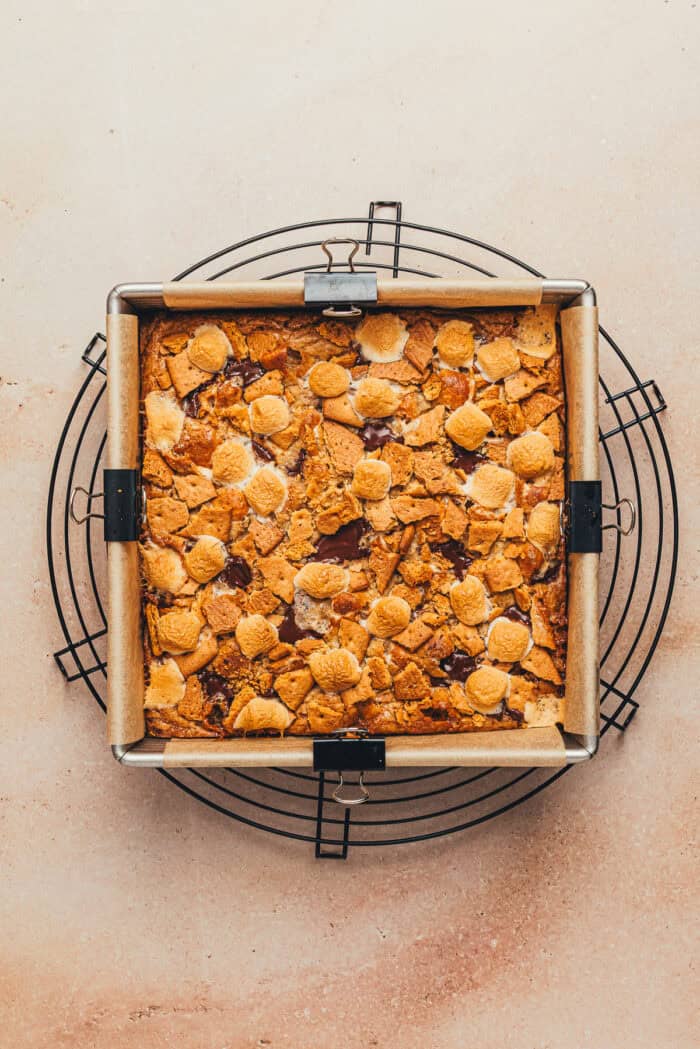The baked s'mores blondies on a cooling rack.