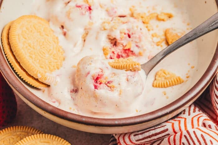 A bowl of homemade ice cream with a spoon.
