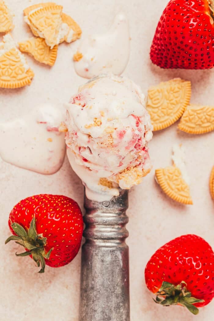A scoop of homemade strawberry ice cream.