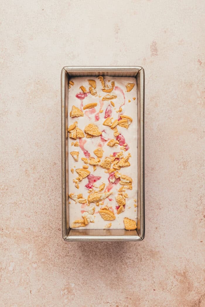 The ice cream mixture added to a loaf pan.