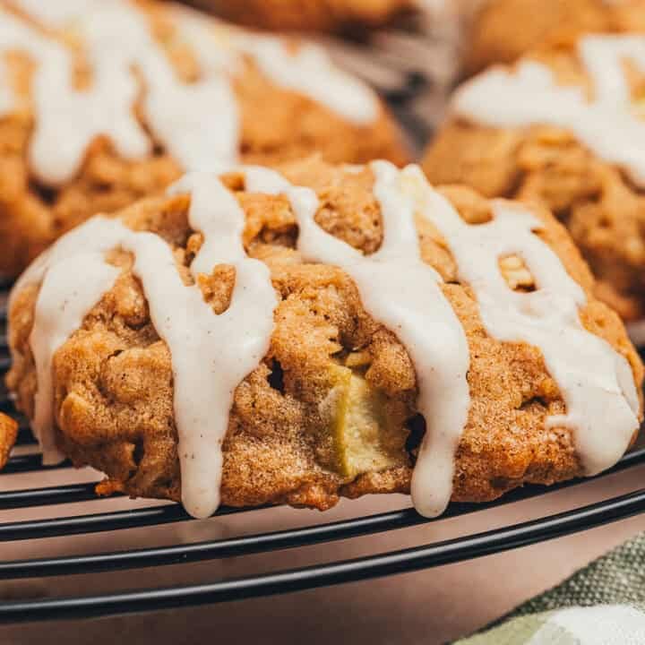 Apple oatmeal cookies on a cooling rack.