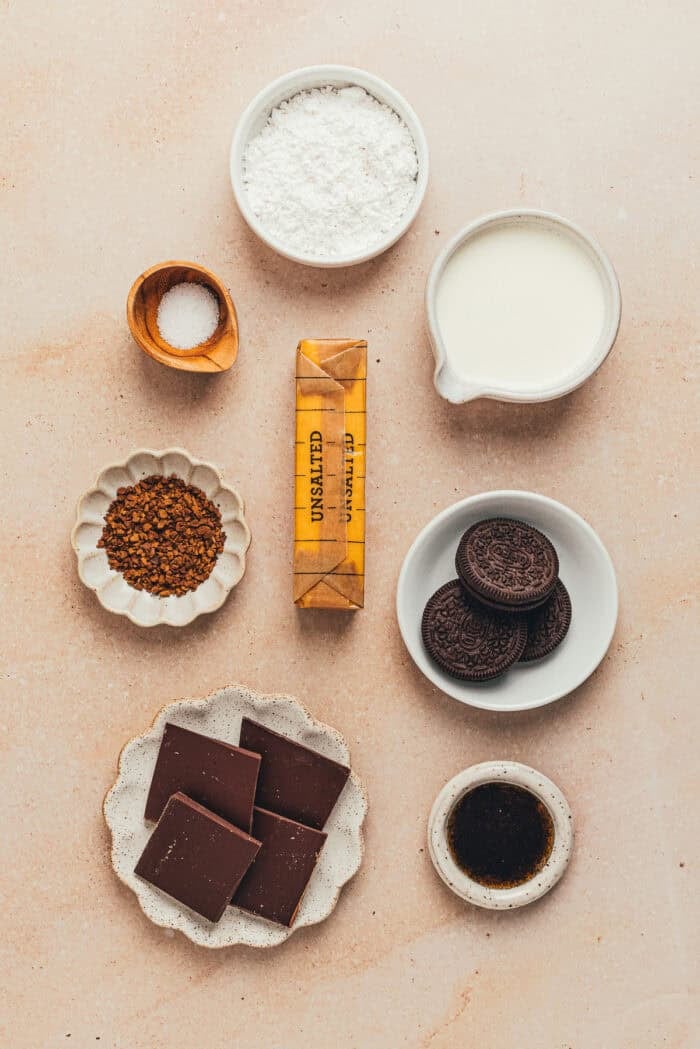 The ingredients needed to make a no bake pie with a chocolate espresso filling.
