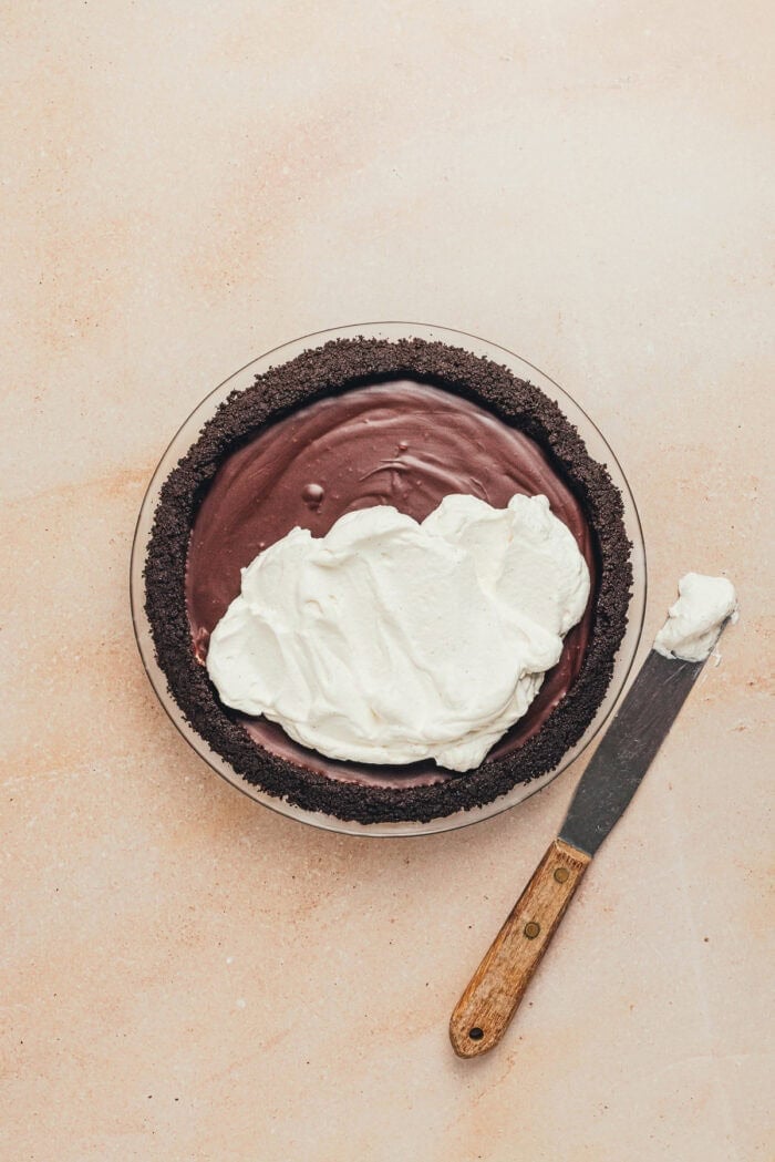 The garnished no bake pie with chocolate espresso filling.