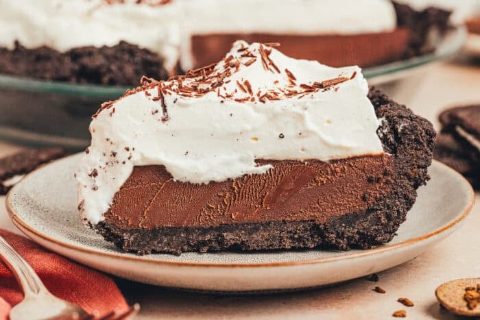 A slice of chocolate espresso pie on a plate.