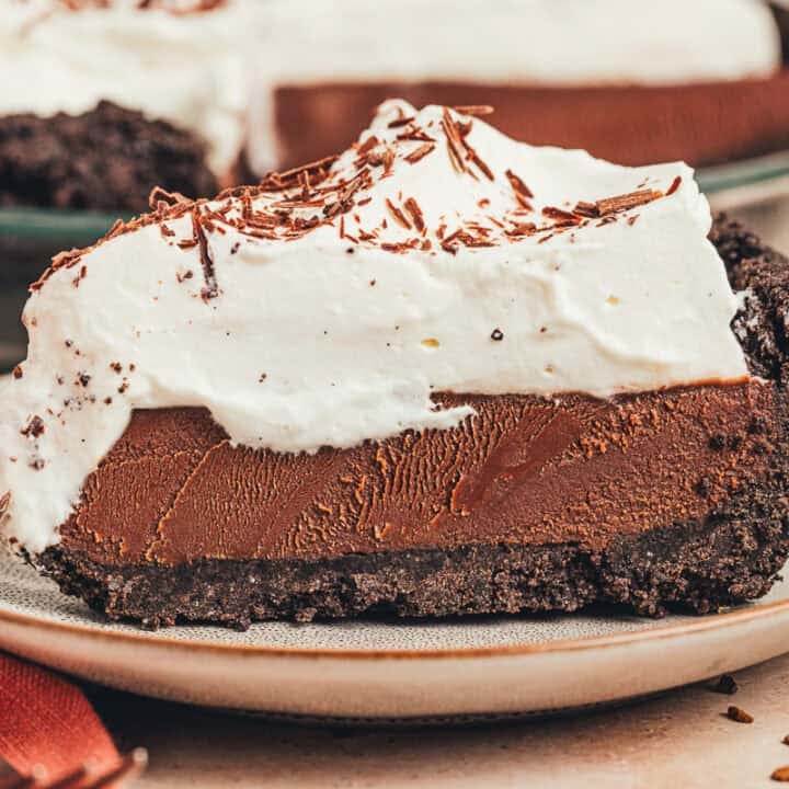 A slice of chocolate espresso pie on a plate.