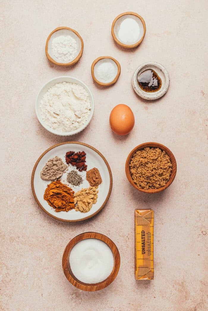 ingredients for brown butter chai snickerdoodle cookies