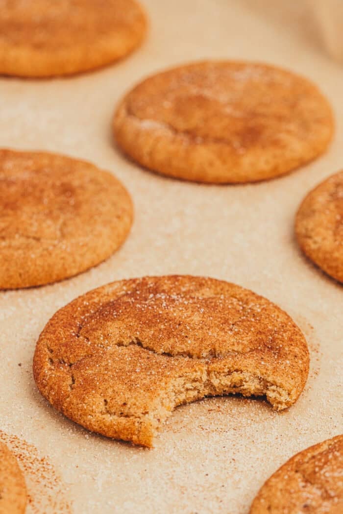 brown butter chai snickerdoodle cookies on a cookie sheet