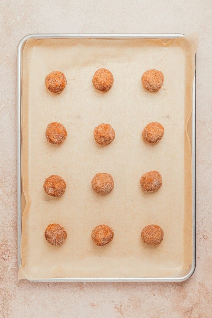 brown butter chai snickerdoodle cookies on a cookie sheet