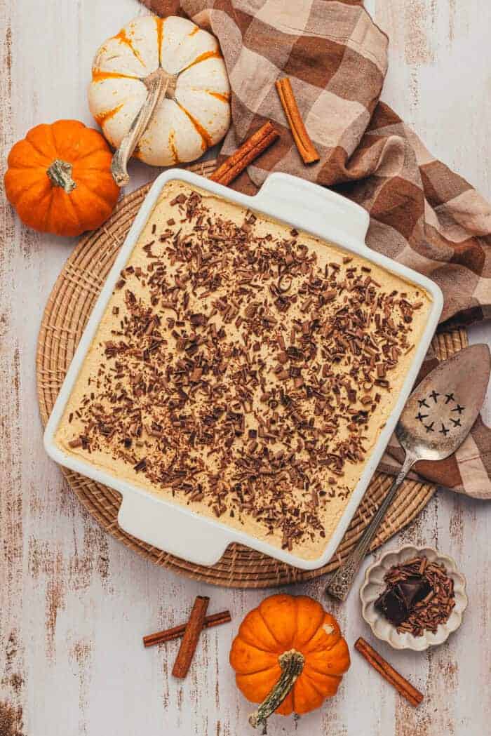 pumpkin tiramisu in white baking dish