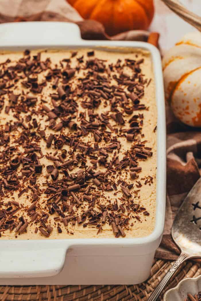 pumpkin tiramisu in white baking dish