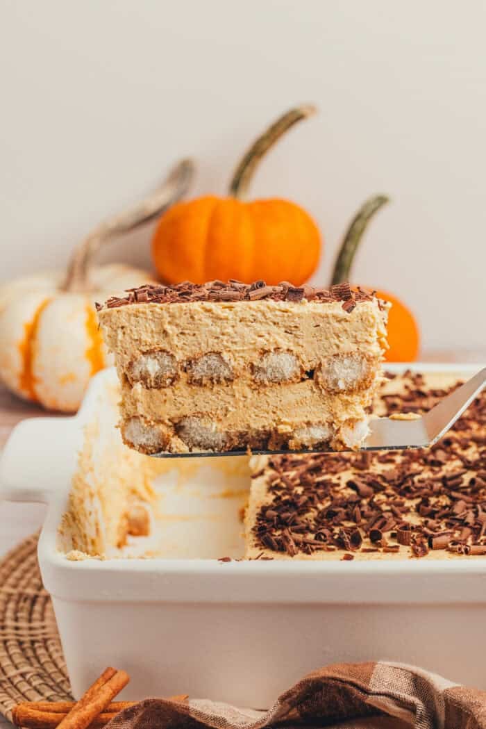 Slice of pumpkin spice tiramisu with layers of chai-soaked ladyfingers and pumpkin mascarpone cream