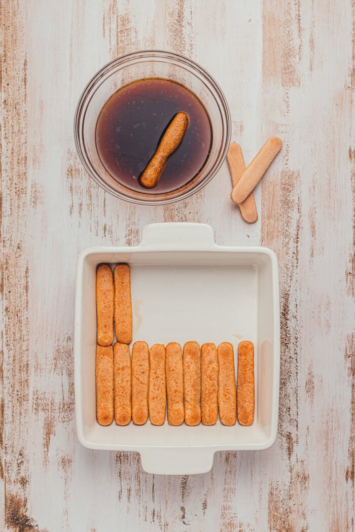 Chai-dipped ladyfingers layered in an 8-inch square dish