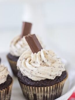 Kit Kat cupcakes are a great Halloween treat! A moist chocolate cupcake, frosted with a whipped Kit Kat candy bar buttercream.
