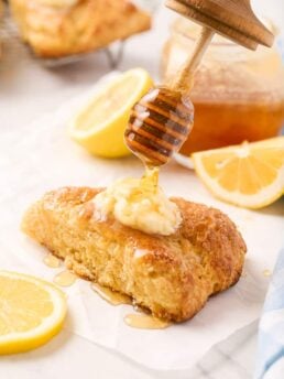 Lemon Scones with Mascarpone Cream and Honey Drizzle