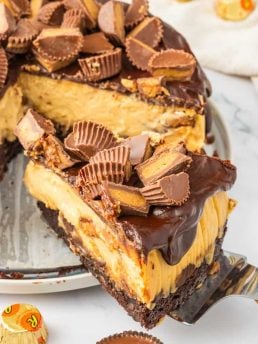 A slice of Reese's Peanut Butter Cheesecake on a plate with a white background.