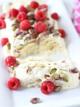 White Chocolate Semifreddo with Pistachios and Raspberries
