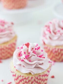 Vanilla Cupcakes with Strawberry Mascarpone Frosting